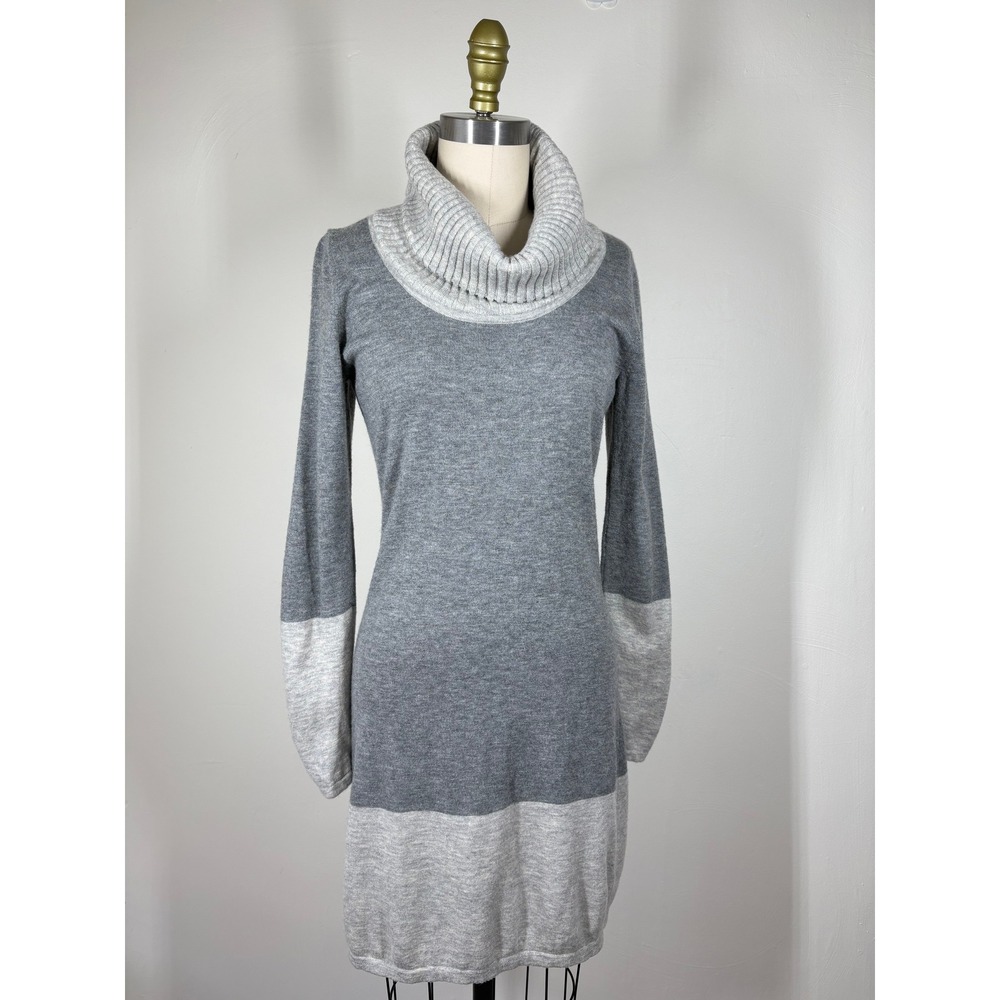 Athleta Sweater Dress Small Gray Merino Wool Cowl Neck Colorblock Minimalist